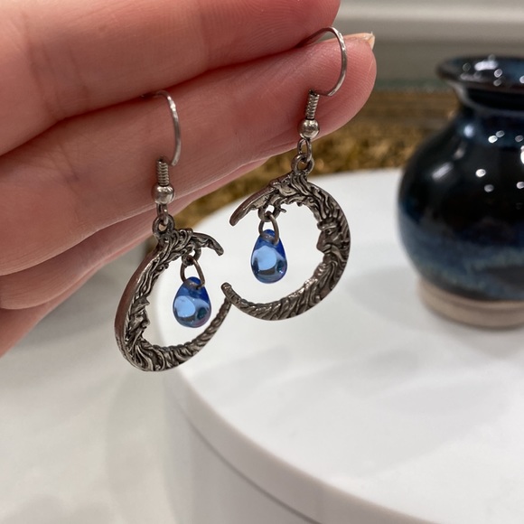 Man in the Moon - blue glass teardrops - silver earrings cast on both sides! EUC - Picture 16 of 16